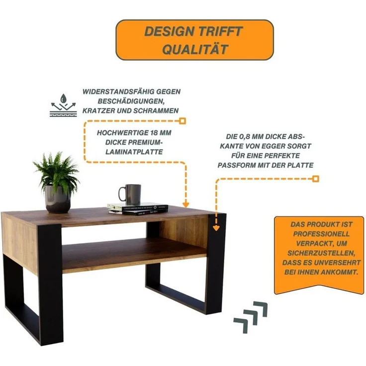 CraftPAK Couchtisch Wohnzimmer Tisch für Couch - mit zusätzlicher Ablagefläche – Bild 3