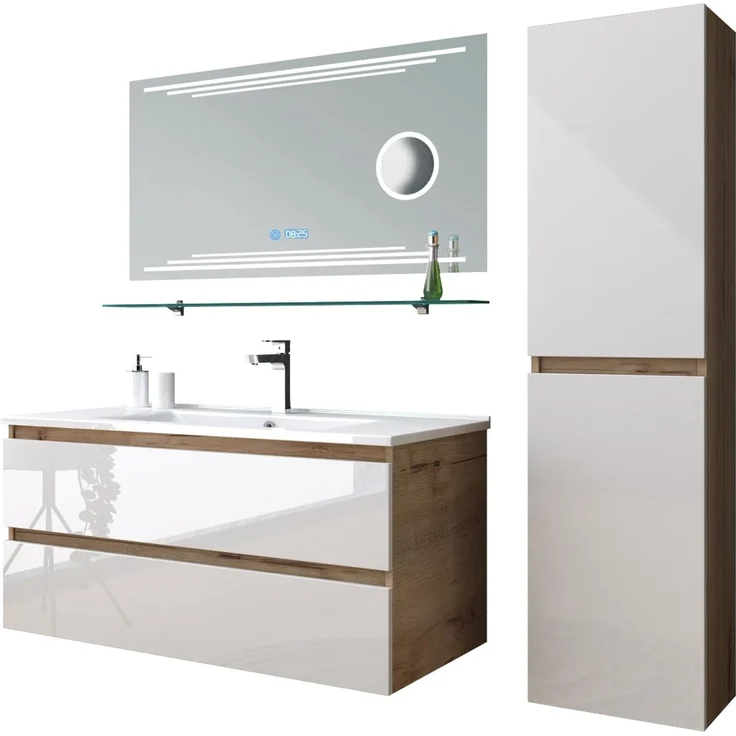 Homeline Badmöbel Set Eiche/Weiß Leonard Hochglanz 90 cm Spiegel incl LED (90, 5, 1x Seitenschränke) – Bild 2