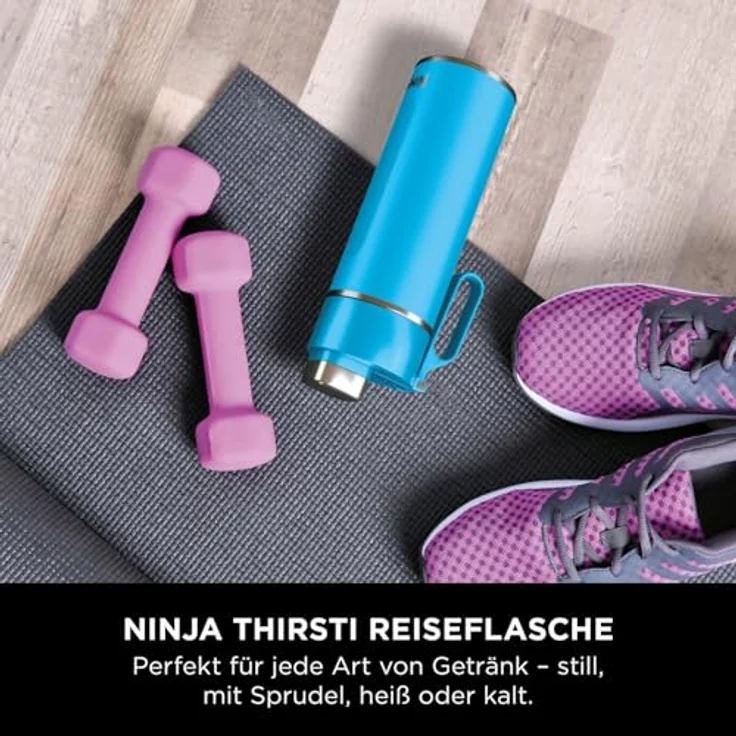 Ninja Thirsti Wasserflasche, Thermobecher to go, 530 ml, auslaufsicherer Deckel, für kohlensäurehaltige, heiße & kalte Getränke, dreifach isolierte Reiseflasche, Edelstahl, Tropenblau, DW1801EUUKSB – Bild 3