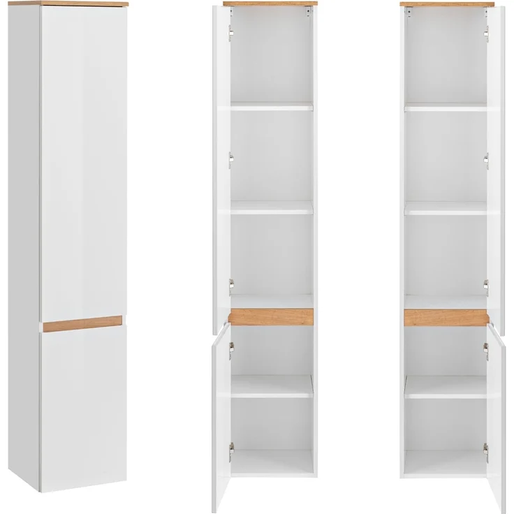 Badezimmermöbel Komplett Set mit Keramik-Waschtisch CAMPOS-56, Hochglanz weiß mit Wotaneiche, 2 Hochschränke B/H/T ca. 194/200/50 cm – Bild 9