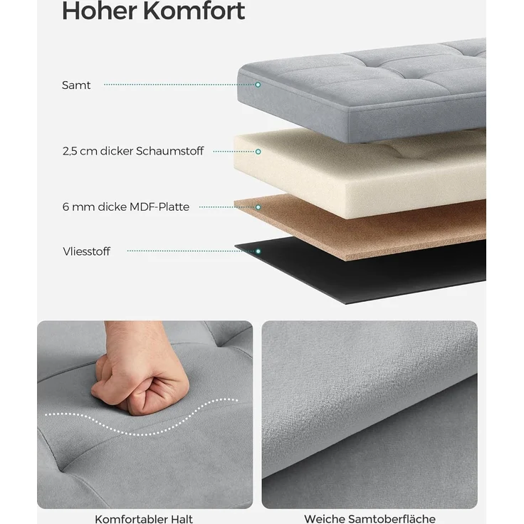 Songmics Sitztruhe mit Stauraum, Samt taubengrau, 38 x 38 x 38 cm – Bild 5