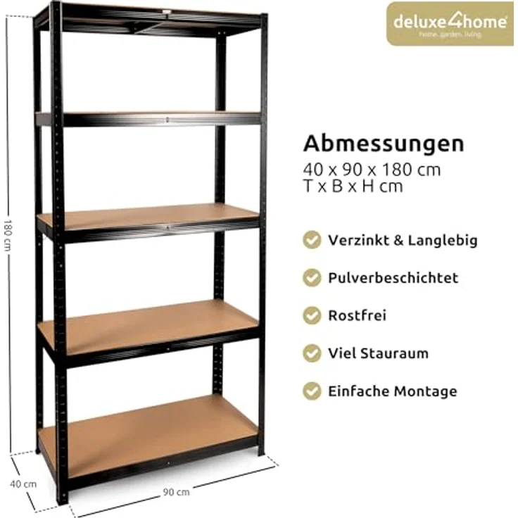 deluxe4home Schwerlastregal 2er Set Kellerregal verzinkt I 40x90x180 cm I Lagerregal bis 875kg – Bild 3