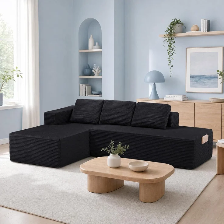 COMHOMA Ecksofa mit Schlaffunktion, 255cm Corduroy Modulares Boneless Couch mit Chaiselongue & Rücken-Metallgestell, L-Form Schlafsofa mit offenem Design, Kissen & Seitentaschen,für Wohnzimmer,Schwarz-R – Bild 7
