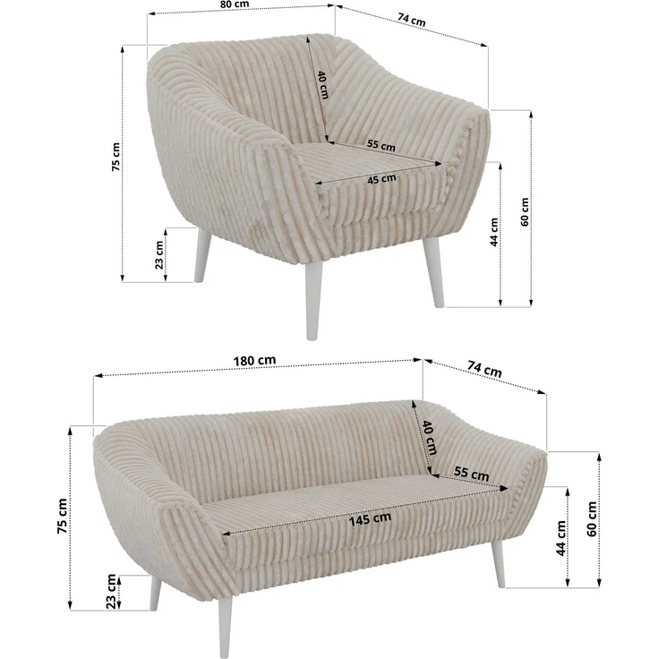 Wohnzimmerset PIRS 1-1-3, Skandinavisches 3-Sitzer Sofa mit Sesseln, Sofa mit Wellenfederung, weiße Füße, Skandinavisches Möbelset - Beige Cord – Bild 5