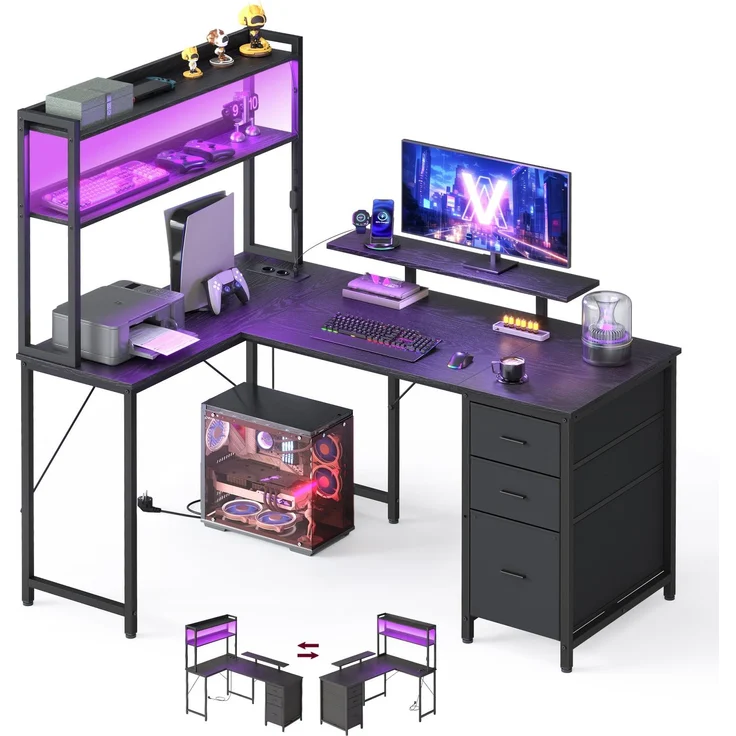 VASAGLE L-Form Schreibtisch, Eckschreibtisch mit Steckdosen und LED-Beleuchtung, Computertisch mit 3 Schubladen und Monitorständer, 140 x 100 x 150 cm, Schwarz, LWD162B101