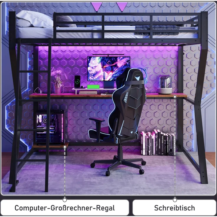 Hochbett, 90*200cm , Mit LED-Leuchten, Computerkonsolenablage, Schreibtisch, Steckdose+USB, Geländer, Treppe, ohne Matratze, Schwarz – Bild 7