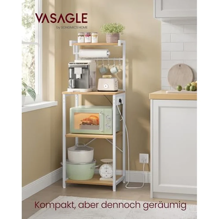VASAGLE Küchenregal mit Steckdosen, Standregal, Kaffeebar mit 4 Ebenen und 8 S-Haken, Mikrowellen-Regal, verstellbare Ablage, 40 x 45 x 140 cm, goldeichenfarben-wolkenweiß KKS013YA02 – Bild 3