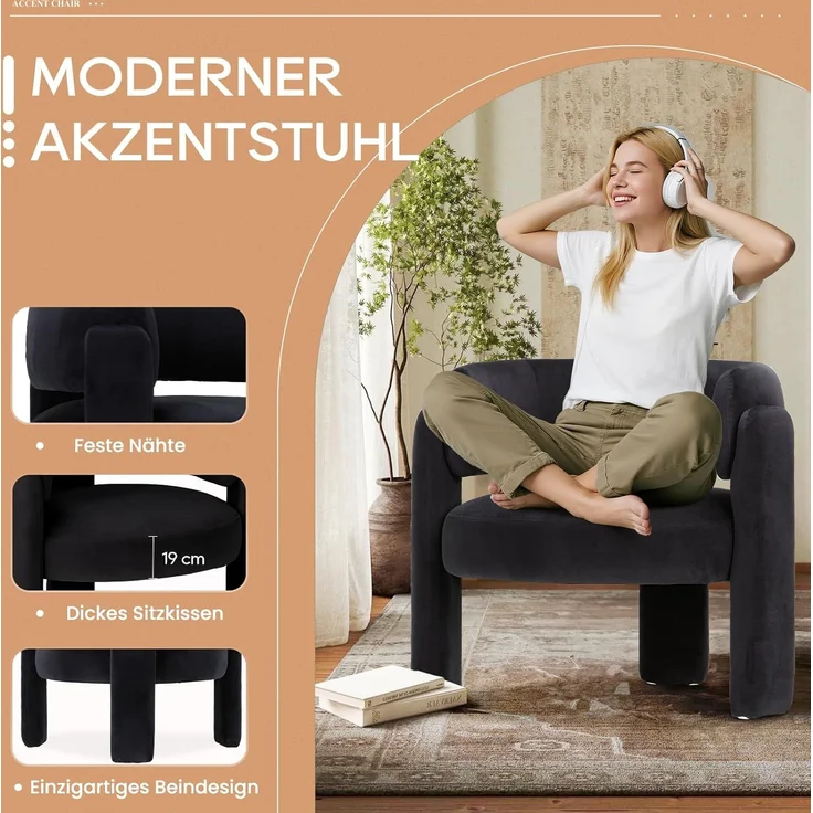 COLAMY Modern Velvet Ohrensessel 2er Set, Gepolsterter Sessel Wohnzimmer, Bequemer Runder loungesessel mit 3 Beinen für Wohnzimmer, Schlafzimmer, Leseecke, Schwarz – Bild 4