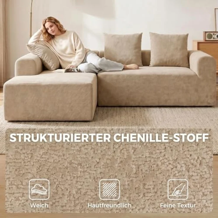 HOMCOM Ecksofa L-Form 242 cm, Boneless Couch in Beige, 3-Sitzer mit Rücken- und Sitzpolsterung, Taschenfederkern, inklusive 3 Kissen, rahmenlos, keine Montage erforderlich – Bild 7