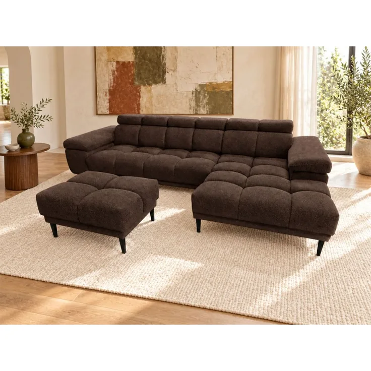 Ecksofa Schlafsofa SENVELIO RELAX inkl. Hocker Stoff Glam Schokobraun Ottomane Rechts