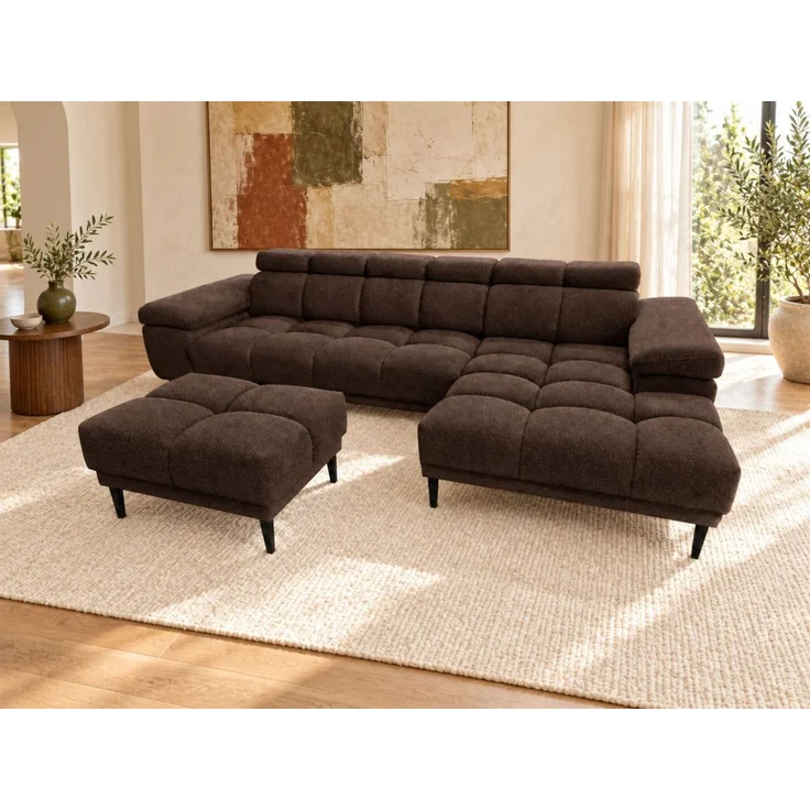 Ecksofa Schlafsofa SENVELIO RELAX inkl. Hocker Stoff Glam Schokobraun Ottomane Rechts – Bild 1