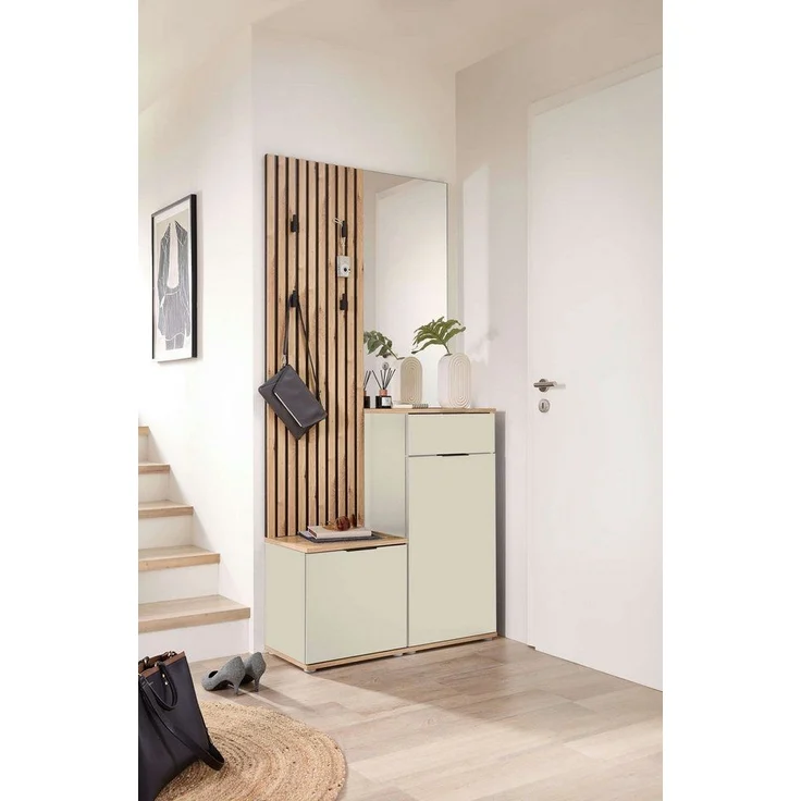 moebel-dich-auf Kompaktgarderobe EASY (Paneel + Bank + Spiegel + Schuhschrank, in 2 Farbvarianten, Lamellenoptik) 88 cm breit – Bild 1
