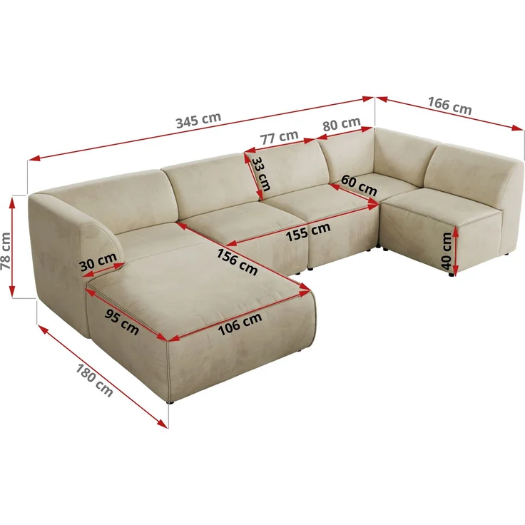 Modulares XXL-Ecksofa MODARO 5M, U-Form, Wohnlandschaft, 5-teilig, freistehend, Wohnzimmer Couch, HR-Schaumstoff - Beige Velvet - Rechts – Bild 6