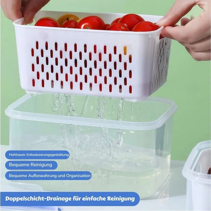 BlingBin Frischhaltedose 6 Stück Obst Aufbewahrung Kühlschrank, Abtropfen Beeren-Behälter, PP-Kunststoff, (6er Set, 6-tlg, Material: PP-Kunststoff, 0,85L+1,75L+3,3L), Gemüse Aufbewahrungsbox Organizer Set für Kühlschrank – Bild 3