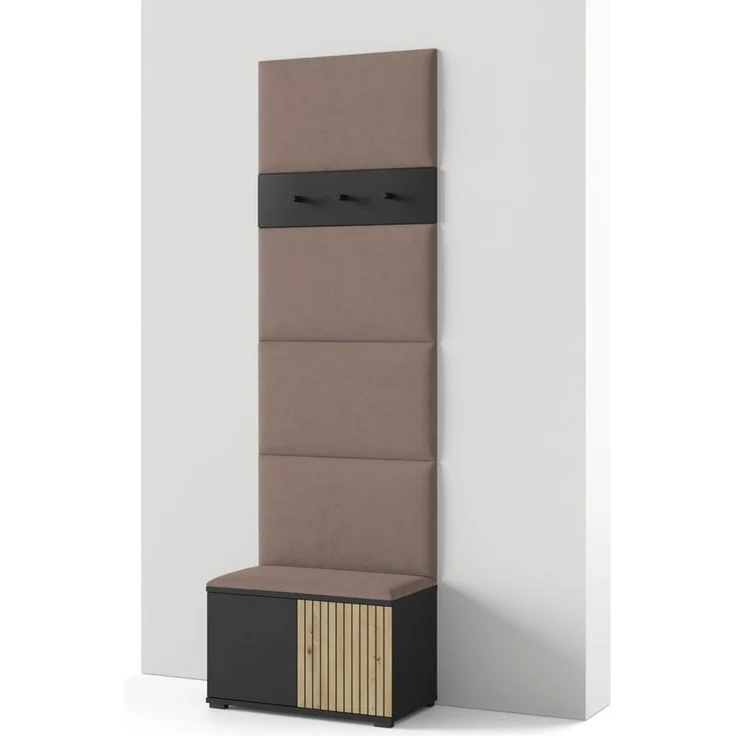 Garderoben-Set Rosario Version 6 mit Lamellen, mit Polsterplatten und Schuhschrank (Schwarz / Eiche Artisan, Trinity 06), 225 x 40 x 70 cm – Bild 1