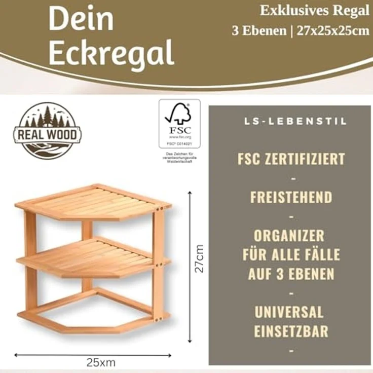 LS-LebenStil Küchenregal Eckregal Holz 27x25cm stehend Aufbewahrungsregal Gewürzregal, Küche & Bad - Gewürzregal über Eck - Organizer für Tassen Gewürze 1-tlg, Dekoregal als für Arbeitsplatte - Badregal Ablage Modern Platzsparend – Bild 2
