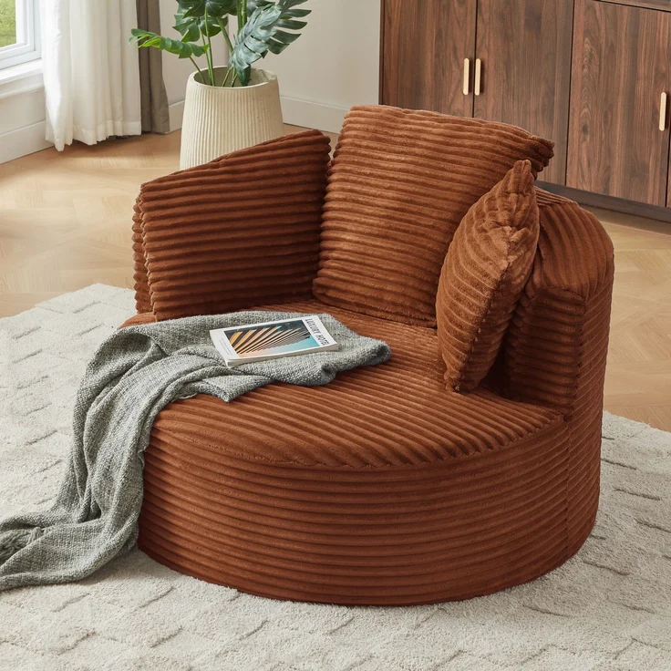 Übergroßes rundes Sofa, ultraweicher Cord-Loungesessel mit Federkernkissen, vollständig komprimierbarer Sitzsack mit Baumwollfüllung, keine Montage erforderlich, maximale Belastbarkeit 80 kg, für Wohnzimmer und Schlafzimmer--Orange--124x113x86cm--YOUDE... – Bild 5