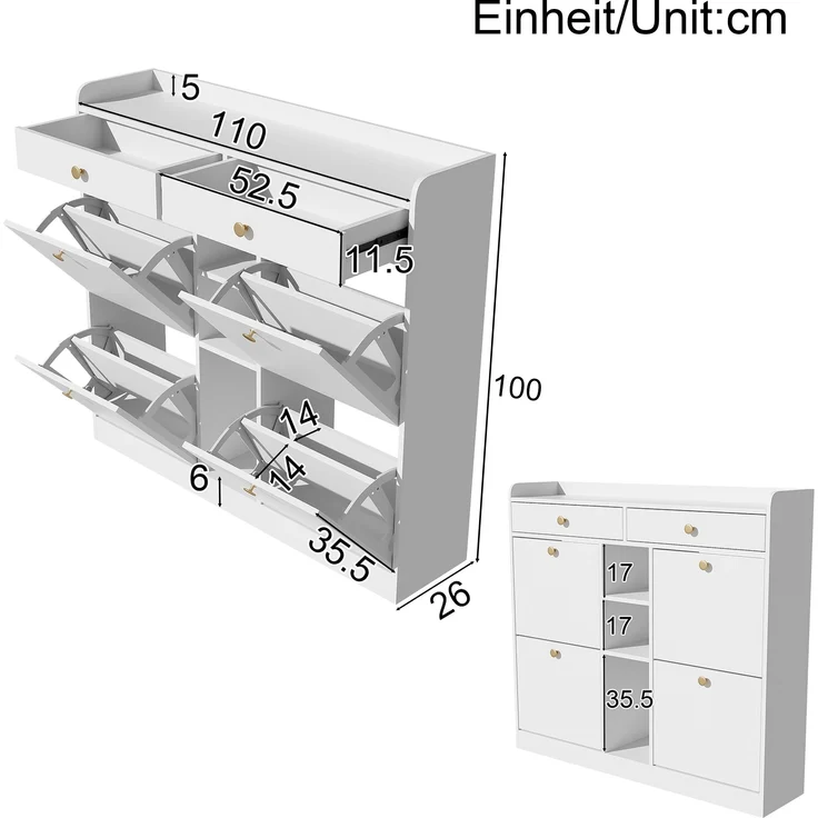 Schuhschrank aus Spanplatte mit 4 Klapptüren, 2 Schubladen & offenen Fächern, 110x26x100 cm, Weiß – Bild 9