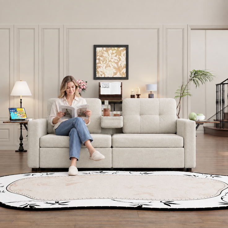 ZUBALIYA Schlafsofa 71x57.5 cm, mit Schreibtisch, mit Schubladen, mit Stauraum, mit Ablageflächen, mit Ausziehbett, Beige – Bild 2