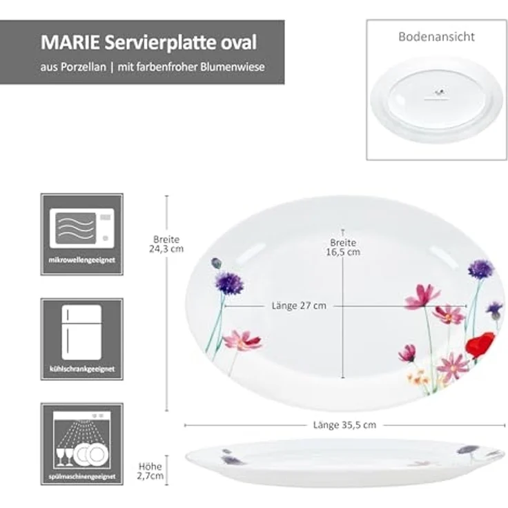 MamboCat Servierplatte Marie Servierplatte oval Porzellan 35,5x24,3cm Blumen Grill-Teller, Porzellan – Bild 6