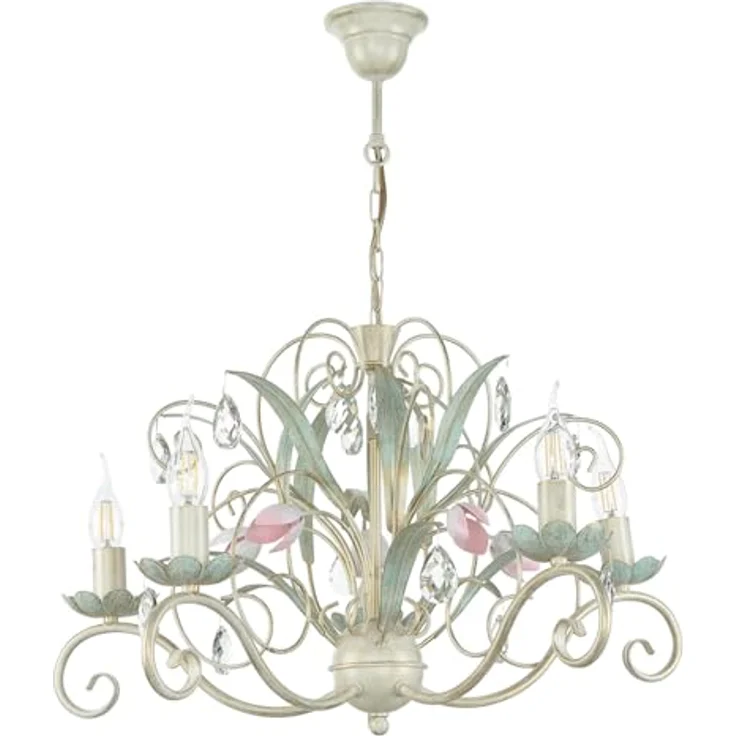 Licht-Erlebnisse Luce Pendelleuchte, florales Design mit handbemalten Verzierungen, höhenverstellbar, E14 Fassung, Rosa-Grün – Bild 3