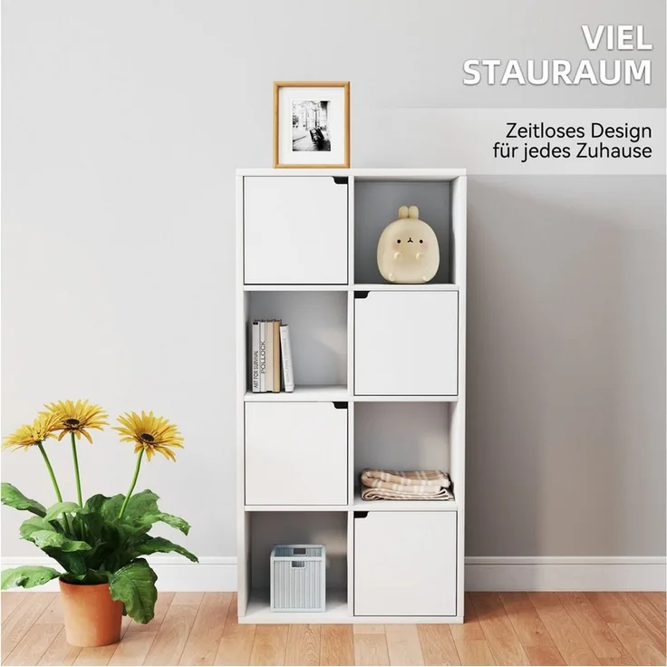 oyajia Bücherregal Bücherschrank 112cm für Wohnzimmer Home Office, 8 Fächer mit 4 Türen, Standregale, für Wohnzimmer, Büro, Weiß
