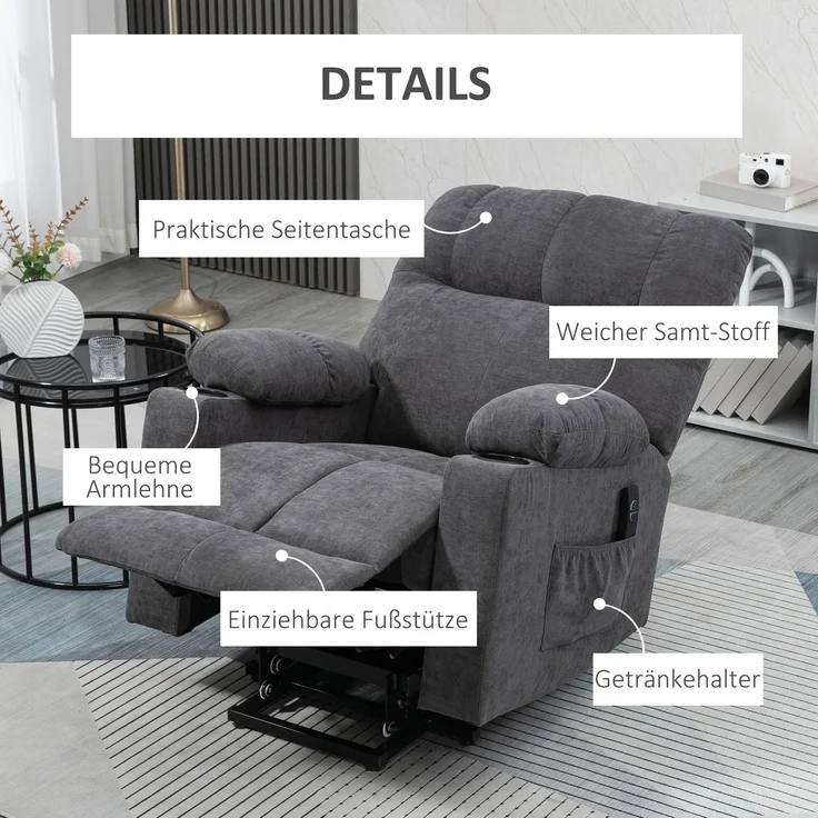 HOMCOM Sessel mit Aufstehhilfe, Polyester, Metall, Dunkelgrau, 91L x 95B x 109H cm – Bild 7