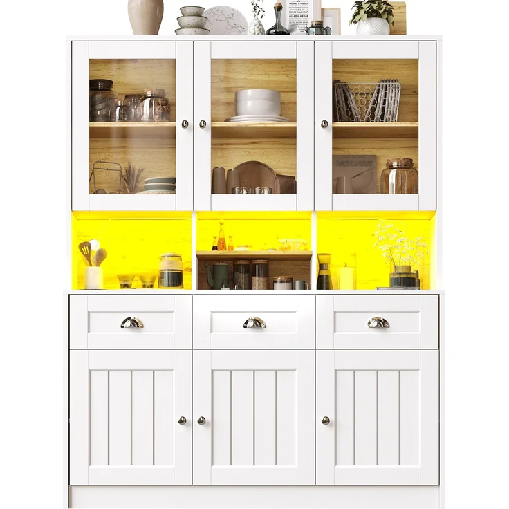Küchenschrank(140×40×175cm), Hochschrank Küchenbuffet, Vitrinenschrank, Buffetschrank mit Verstellbaren Ablagen, Sideboard mit LED-Beleuchtung,Variable Lichtfarben, Weiß/Schwarz--Weiß--140x40x175cm--YOUDENOVA – Bild 5