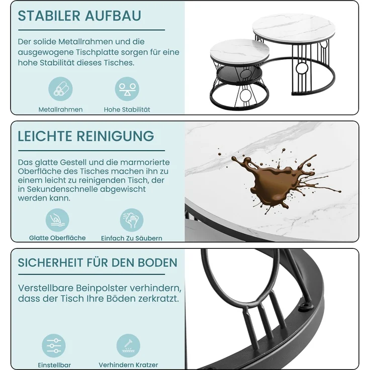 2er-Set Couchtisch aus MDF mit lötstellenfreiem Metallrahmen & Safety-Design, 70x70x45 cm + 45x45x37 cm – Bild 7