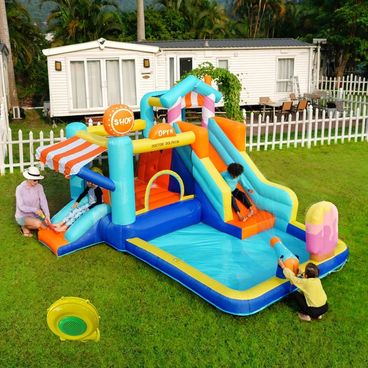 LVHOM Aufblasbare Hüpfburg mit Gebläse, Spielpool, Trocken-/Wasserrutsche, Springburg Outdoor, Wasserpark mit Trampolin, Planschbecken, 340 x 395 x 236cm – Bild 3
