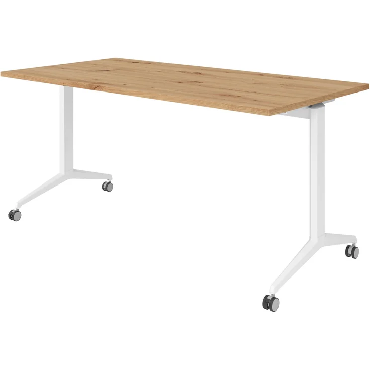 bümö Seminartisch klappbar fahrbar 160x80 cm Asteiche, Gestell weiß - Klapptisch staffelbar, mit vier Doppelrollen Büro Schulungstisch, KFZ16-R-W – Bild 1