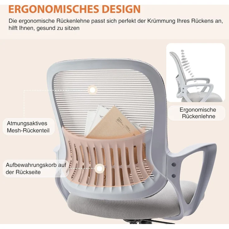 Sweetcrispy Bürostuhl Ergonomisch, Schreibtischstuhl mit Lendenwirbelstütze, Verstellbaren Armlehnen Drehstuhl, Höhenverstellbarer Office Chair, Bürostühle Geeignet für Büro und Schlafzimmer (Grau) – Bild 4