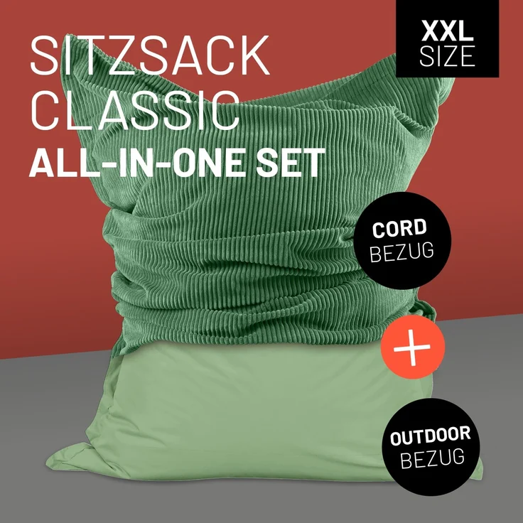 Lumaland Sitzsack Classic XXL All-in-One Set | Riesen Sitzsack XXL mit Cord & Outdoor Bezug für drinnen & draußen | Sofa Sessel mit im Innensack sicher verpackter EPS-Füllung – Hüllen Easy wechselbar – Bild 2