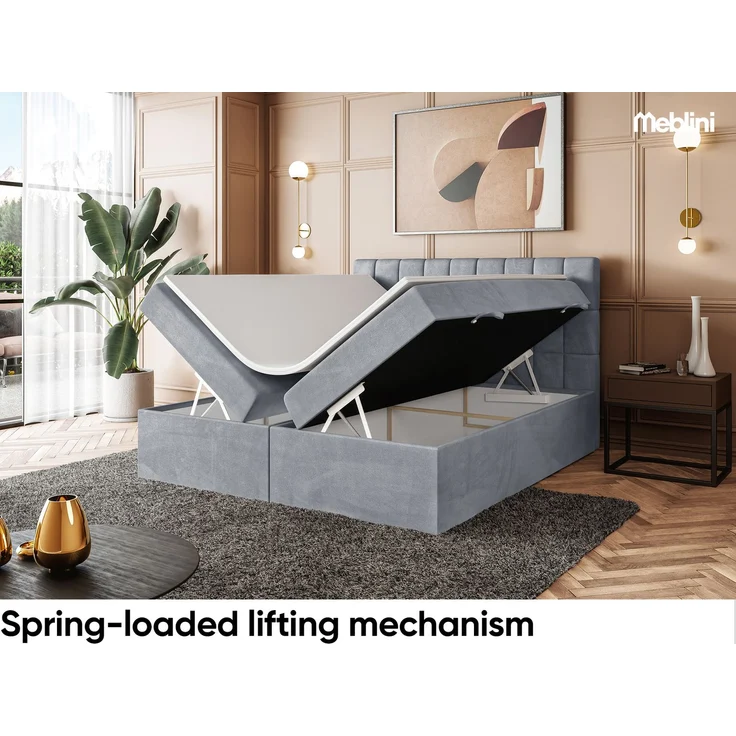 MEBLINI Boxspringbett LUKAS 140x200cm - H3/Grau Samt - mit Bettkasten - Polsterbett - Doppelbett mit Topper & Taschenfederkern-Matratze – Bild 4