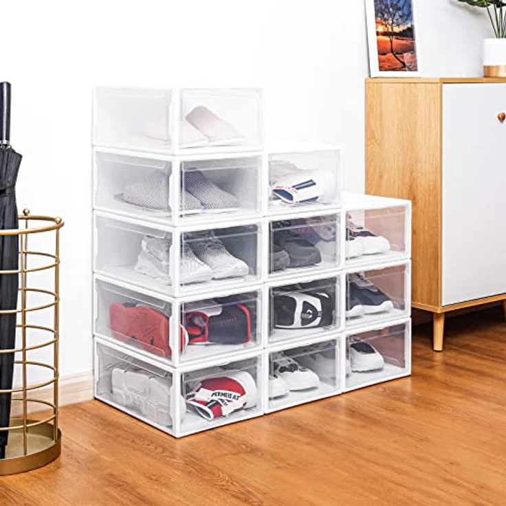 Yorbay Schuhbox 3er Set Schuhbox, stapelbarer Schuhorganizer, Schuhaufbewahrung (Kunststoffbox mit halbdurchsichtige Tür), Halbdurchsichtig weiß, für Schuhe bis Größe 48 – Bild 8