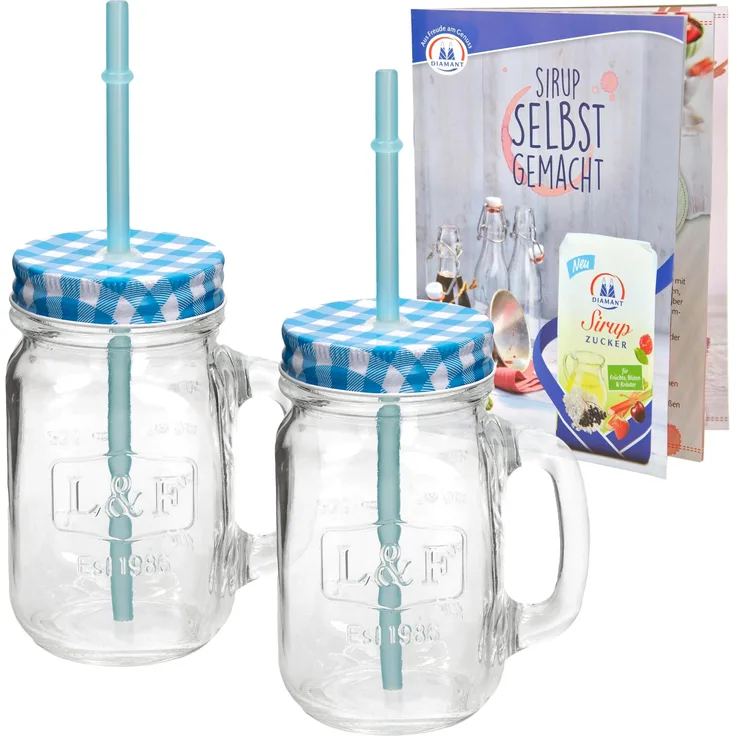 2er Set Glasbecher mit Henkel, Deckel und Trinkhalm inkl. Rezeptheft - blau kariert - 0,5 Liter Trinkbecher / Trinkglas mit Relief