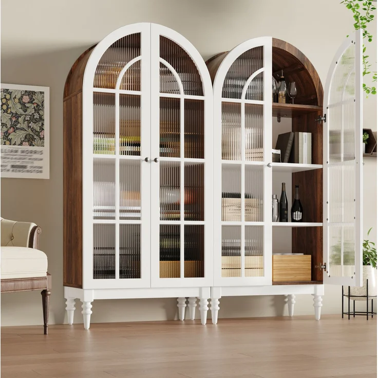 Vitrinenschrank 76 x 38,5 x 165 cm in Weiß mit Bogenfront und Riffelglastüren – Bild 2