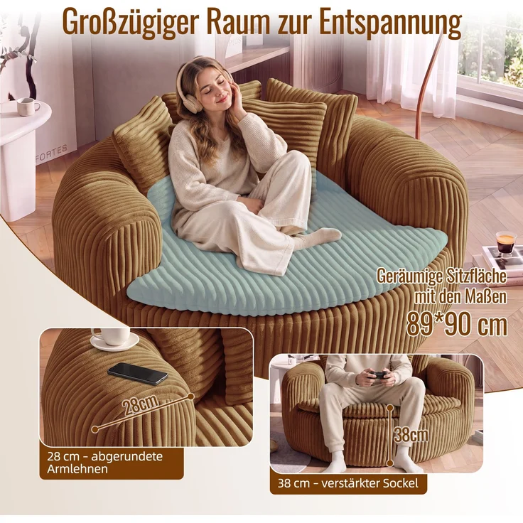 Abrihome Sitzsack mit Armlehnen und Rückenkissen, Camel, 145x133x59 cm – Bild 5