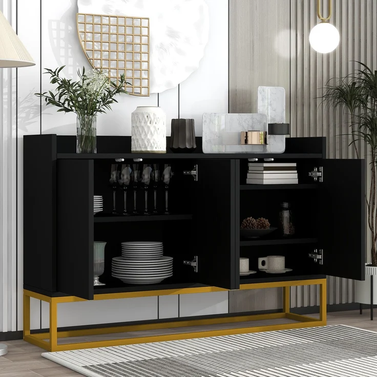 Sideboard mit Metallrahmen, 4 Türen, verstellbaren Regalen und schmaler Bauweise für Küche Wohnzimmer Flur Aufbewahrung,Schwarz – Bild 3