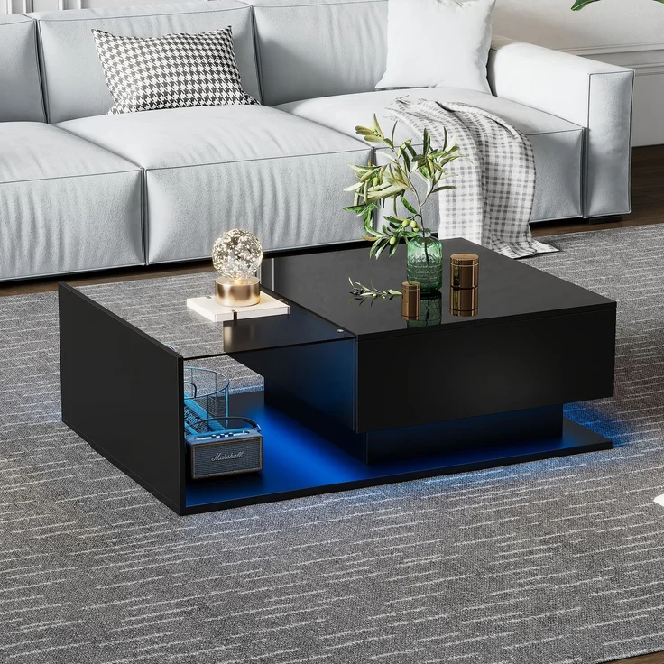Couchtisch mit Glas, 1 Schublade, LED-Beleuchtung per App steuerbar, 100x50x32 cm, stoßfestes Glas – Bild 3