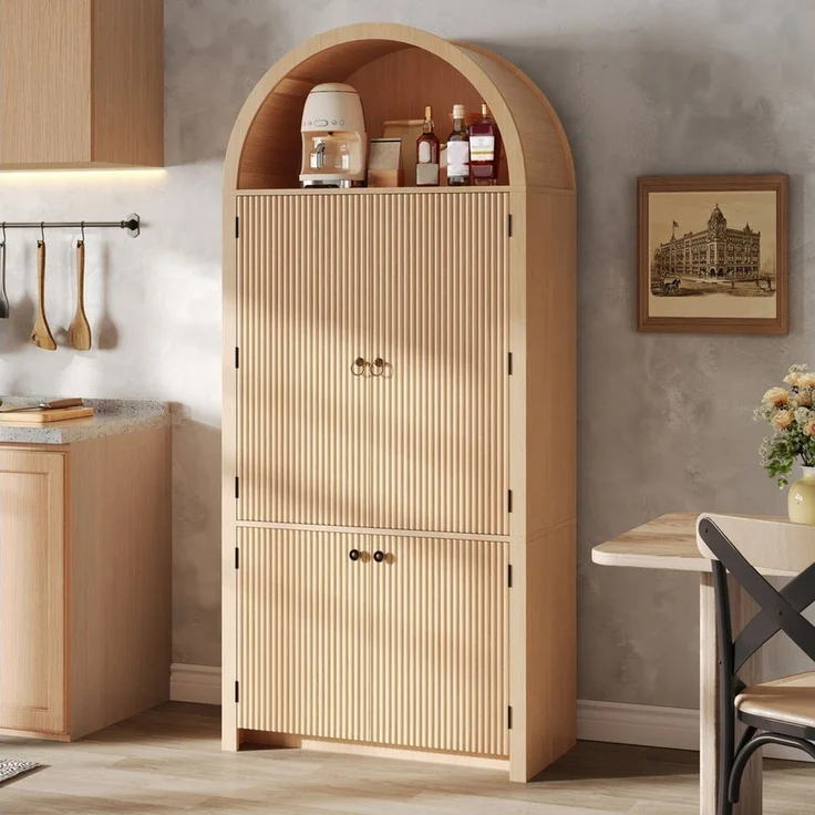 HAUSS SPOLE Hochschrank für Küche & Esszimmer,Bogenschrank Küchenschrank mit Türablagen,Natur (Aufbewahrungsschrank Highboard 180×80×40cm für Wohnzimmer oder Esszimmer) Wohnzimmerschrank mit offenem Oberfach,Vintage-Optik – Bild 2