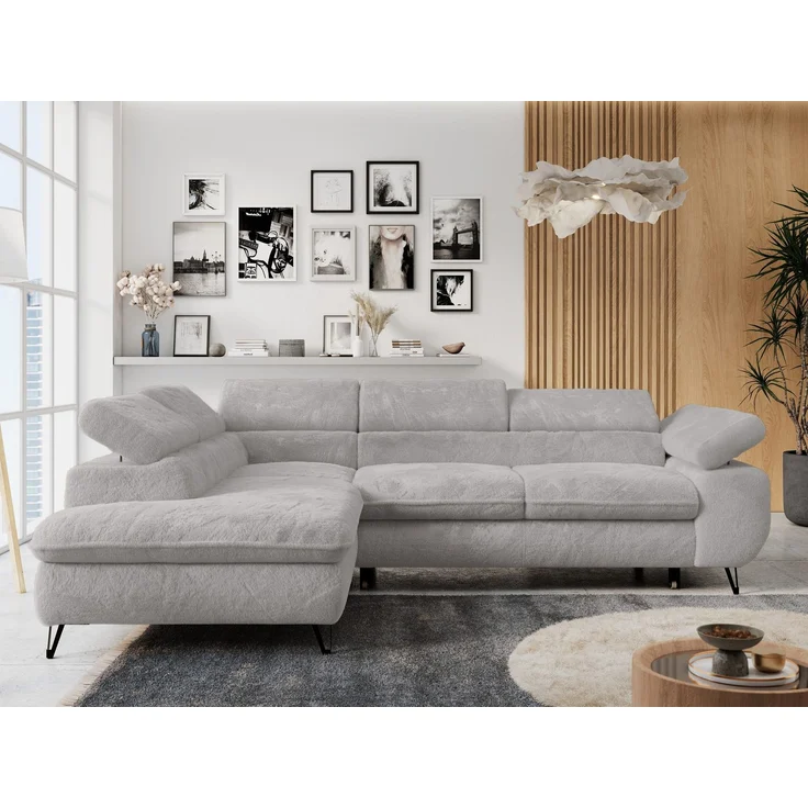 Ecksofa mit Bettfunktion, Modern Sofa, L-form, Einstellbare Kopfstützen, Bettkasten - PETER - Hellgrau Plüsch - links – Bild 1