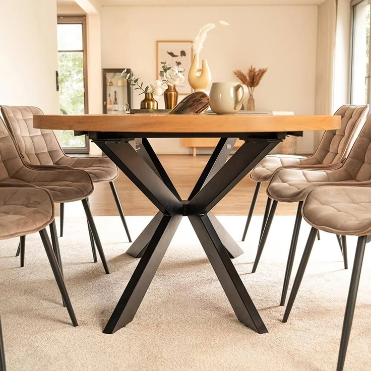 HOME DELUXE Essgruppe Oval Ausziehbar inkl. Sternfuß - 160 x 100 cm Light Oak 8 Stühle Beige – Bild 2