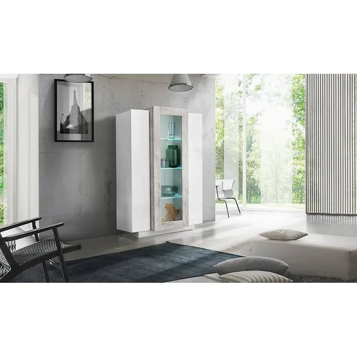 Dmora - Anzeigefenster Kevin, Sideboard mit drei Türen, Mehrzweck-Wohnzimmermöbel, 100 % Made in Italy, 80 x 38 x 121 cm, glänzendes Weiß und Zement,