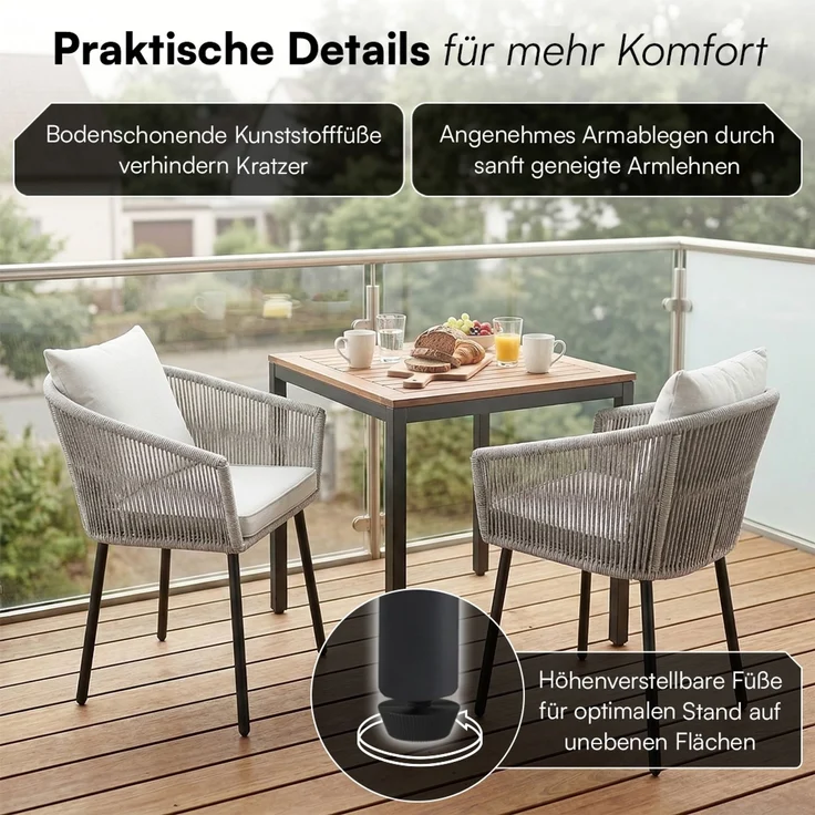 STEELSØN 'Nair' Polyrattan Gartenstuhl, 6er-Set, hellgrau, wetterfest & UV-beständig, Balkonstühle bis 160 kg belastbar, Gartensessel inkl. Kissen – Bild 4