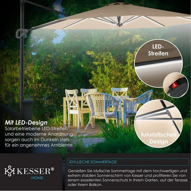 KESSER® Sonnenschirm Ampelschirm SUN Rund XL Ø330 cm Inkl. Windschtzseile & Abdeckung 7-Fach Verstellbar Drehbar Neigbar Kippbar Groß 360° Drehbar Gartenschirm mit Kurbel Sonnenschutz UV50+ Beige, Mit LED – Bild 2