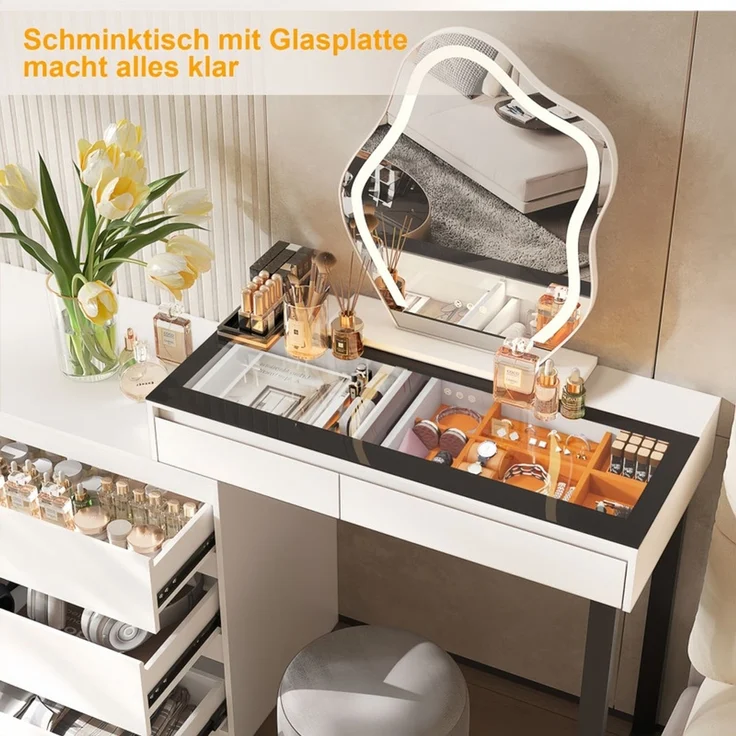Schminktisch 120 cm mit Spiegel, 5 Schubladen und LED-Beleuchtung, Glasplatte, Weiß – Bild 6