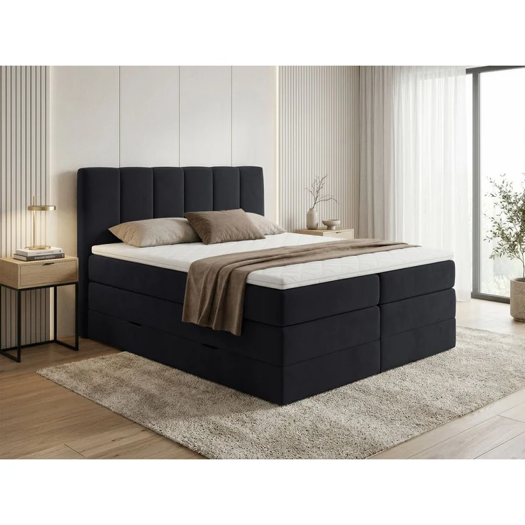 Boxspringbett Star XL mit 2 Bettkästen und Topper, mit Taschenfederkern- und Bonellfederkernmatratze, Doppelbett, Polsterbett aus Veloursstoff mit Stauraum (Schwarz (Kronos 07), 160x200 cm) – Bild 1