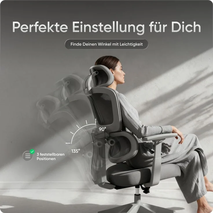 DESKSPACE Move - Premium Ergonomischer Bürostuhl - Höhenverstellbare Rückenlehne - Grau – Bild 7