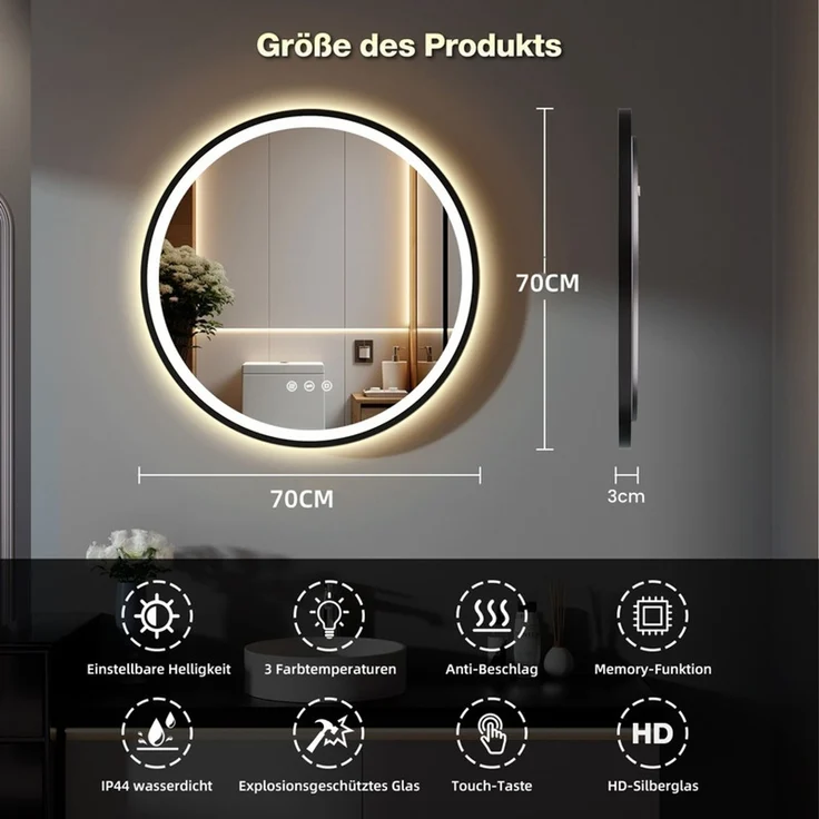 GIMBELEN LED Badezimmerspiegel 70 cm mit Uhr, runder Wandspiegel mit Beleuchtung für Badezimmer, Bad, Make-up & Rasur, 3 Lichtfarben (3000K/4000K/6500K), dimmbar, Touch-Schalter, Speicherfunktion, Anti-Beschlag, integrierte Digitaluhr, IP44, explosions... – Bild 5